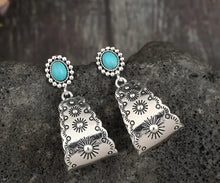 Load image into Gallery viewer, Sun Engraved Turquoise Hoops