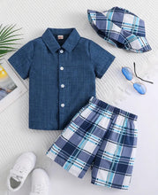 Load image into Gallery viewer, 3 pc. Boys Blue Checkered Short Outfits