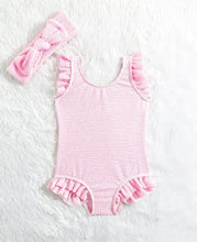 Load image into Gallery viewer, Pink striped ruffled one piece